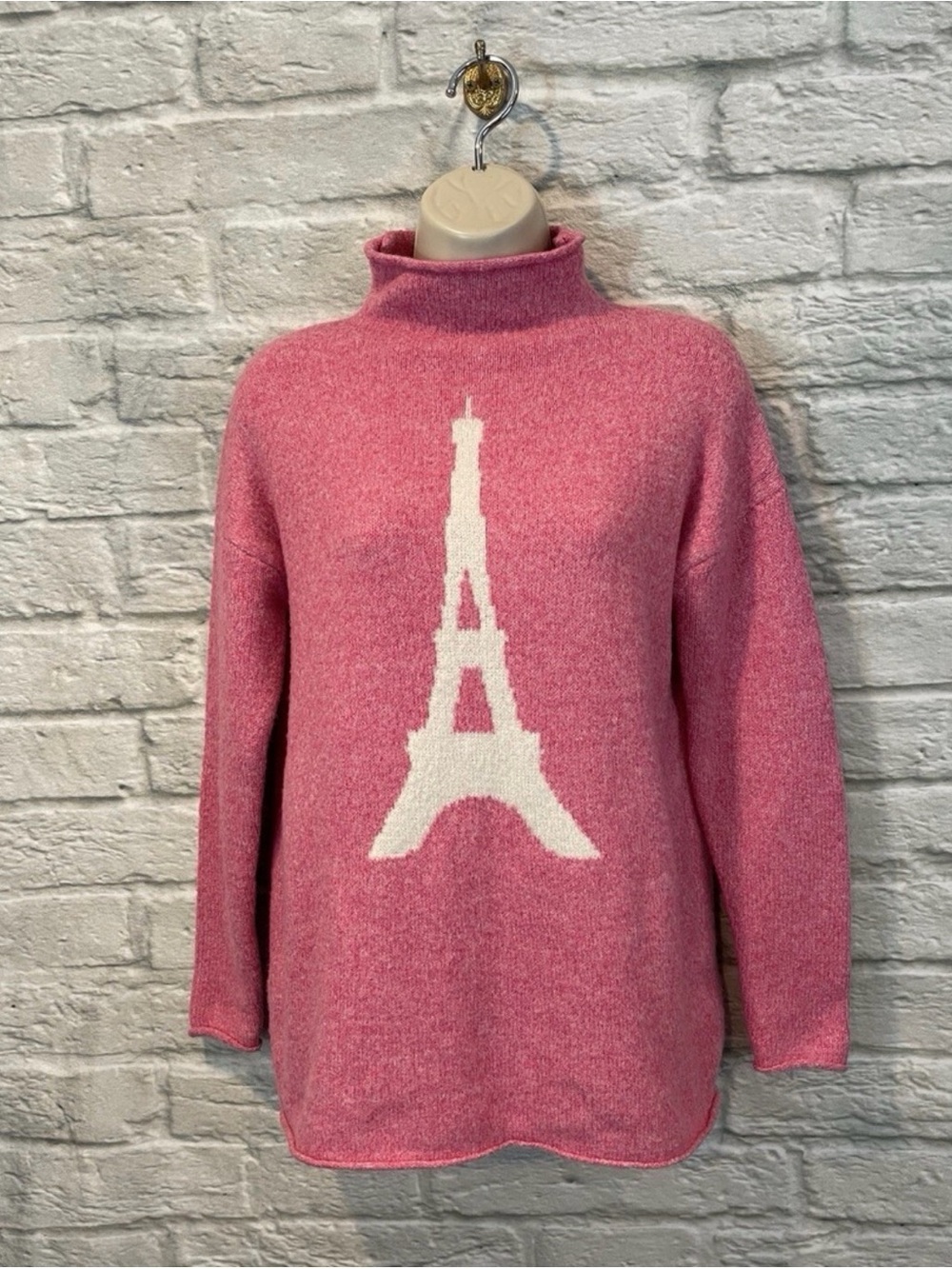cupcakes & cashmere Pink Eiffel Tower oversized mock neck Knit Sweater size XS